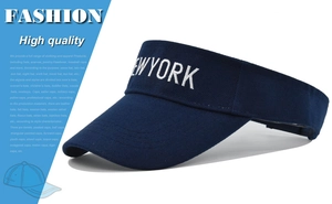 Detail of navy blue visor hat featuring 3D embroidered NEW YORK text on the brim