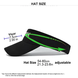 Detailed size chart for black adjustable open top sun visor with embroidery for sports