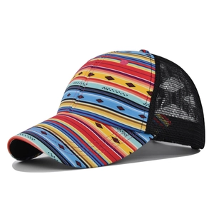 Colorful striped baseball cap with mesh back and geometric diamond pattern design