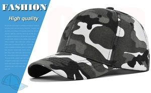 Detail view of the black and grey camouflage baseball cap with six-panel structure