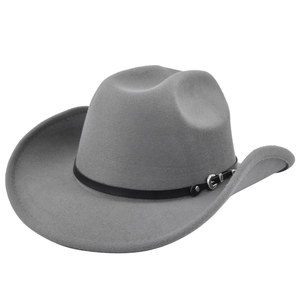 Classico cappello da cowboy in feltro grigio con tesa larga e cinturino in pelle nera unisex