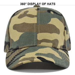 Detail view of camouflage baseball cap with six-panel crown and curved brim in 360 display