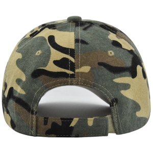 Detail of kids camo baseball cap featuring an adjustable velcro strap on the back view