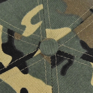 Close-up of camouflage baseball cap crown with durable twill fabric and reinforced stitching