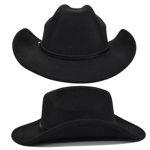 Dettaglio con doppia prospettiva del cappello da cowboy in feltro nero con fascia in cuoio