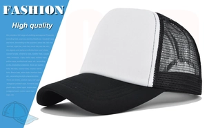 Classic black and white trucker hat featuring a breathable mesh back and solid white front