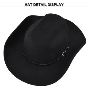 Cappello da cowboy nero in feltro di lana a tesa larga con cinturino in pelle e fibbia argento