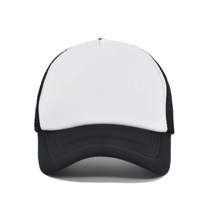 Front view of two-tone mesh trucker hat with white foam panel and black curved brim