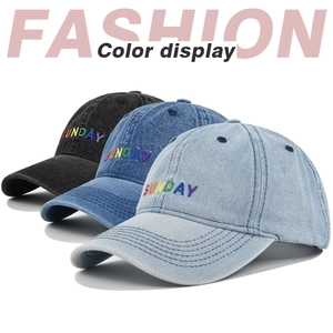 Detailed color display of vintage denim baseball caps with SUNDAY rainbow embroidery