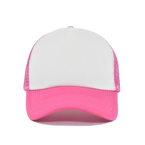 Detail of pink and white mesh trucker hat showing the decorative stitching and fabric texture