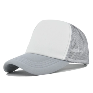 Detail view of two-tone mesh trucker hat with white foam front and grey curved brim