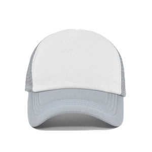 Detail view of breathable grey mesh and white front panel on a trucker baseball cap