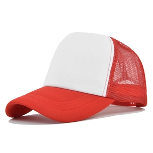 Side view of two-tone red and white trucker hat with breathable mesh and curved brim