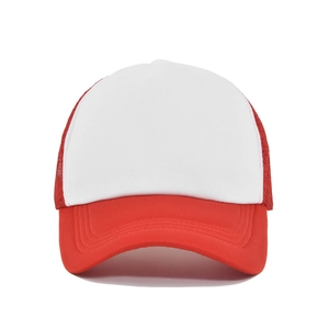 Detail view of red and white mesh trucker hat with four-row parallel visor stitching