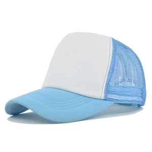Detail of light blue trucker hat featuring white fabric panel and breathable mesh design