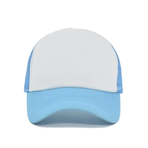 Front detail of light blue and white 5-panel trucker hat with mesh back and curved brim