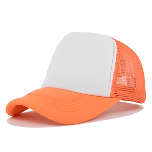 Detail shot of a classic orange and white mesh trucker hat with a curved brim design