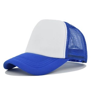 Detail view of a blue and white trucker hat featuring breathable mesh and curved brim