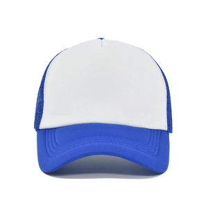 Detailed close-up of blue and white mesh trucker hat showing stitch texture and airy design