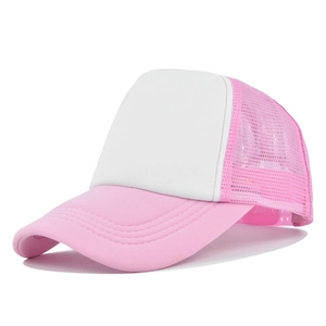 Detail of a pink and white trucker hat featuring breathable mesh and curved visor