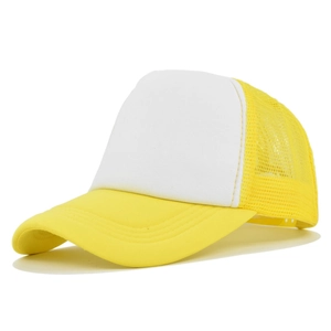 Detail view of a yellow and white trucker hat featuring a breathable mesh back and foam front