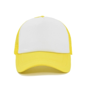 Close-up of yellow and white mesh trucker hat showing breathable foam and curved brim