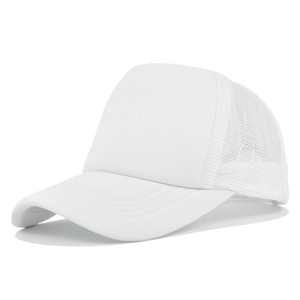 Detail view of white five-panel trucker hat with mesh back and reinforced curved brim