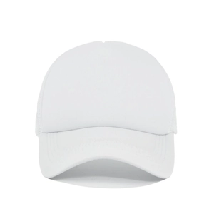 Close-up of white trucker hat showing breathable mesh and reinforced brim stitching