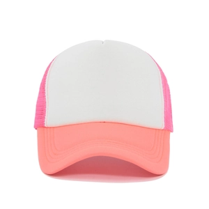 Close-up of pink and white mesh trucker hat showing high-quality stitching and breathable fabric