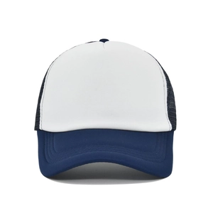 Front view of a navy blue and white mesh trucker hat with a curved brim and blank front