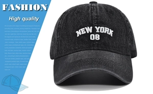 Détail de la casquette vintage en denim gris avec broderie blanche New York 08