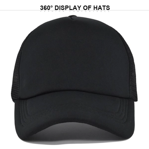 Close-up of black 5-panel mesh trucker hat with solid foam front and breathable netting