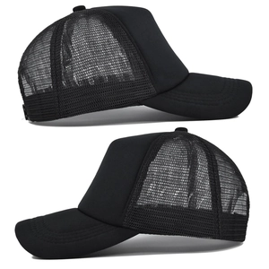 Detailed side view of black trucker hat showing breathable mesh and curved brim