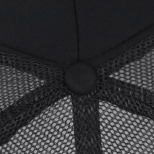 Macro detail of black trucker hat crown showing reinforced stitching and mesh texture