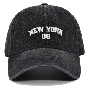 Casquette de baseball en denim délavé anthracite avec broderie New York 08 blanche