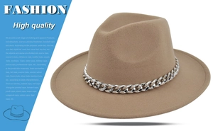 Detail view of khaki wool fedora hat featuring a stylish silver metal chain around the brim
