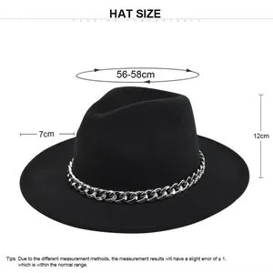 Size chart for black wool fedora with metal chain showing 56-58cm head circumference