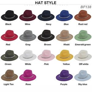 Grid display of wide brim jazz hats in nineteen different colors with metal chains
