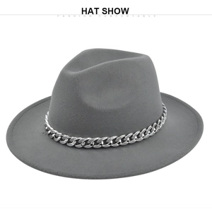 Detailed view of grey wool fedora hat with a bold silver metal chain band accessory