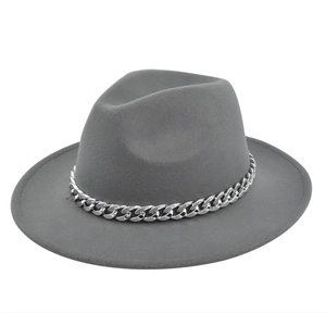 Close-up of grey wool fedora hat featuring a chunky silver metal Cuban link chain band