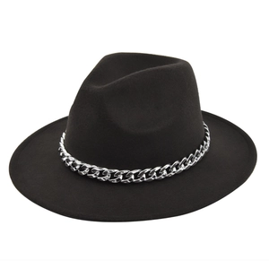 Close-up of black wool fedora featuring a polished silver metal chain strap detail