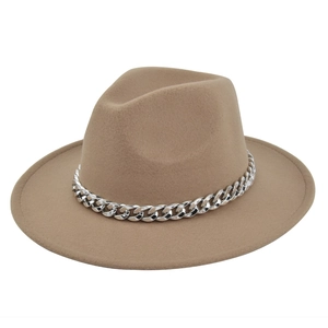 Close-up of camel wool fedora hat featuring a chunky silver metal chain on the flat brim