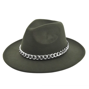 Detailed view of the olive green fedora hat with a bold silver metal chain accent