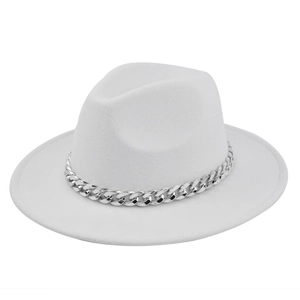 Detailed close-up of a white wool fedora hat featuring a chunky silver metal chain link band