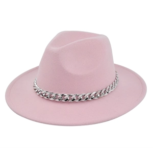 Pink wool fedora hat with wide brim and decorative silver chunky metal chain accessory