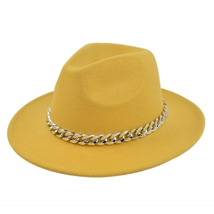 Close-up of bright yellow wool fedora hat featuring a chunky silver metal chain band detail