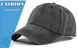Detail of dark grey washed cotton baseball cap showing vintage texture and 4-line stitching