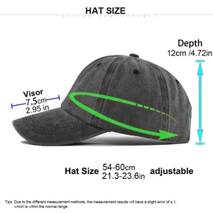 Size guide for vintage washed cotton baseball cap with adjustable strap measurements