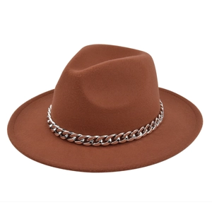 Close-up of a silver metal chain detail on a structured brown wool felt jazz hat