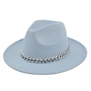 Detail view of light blue fedora hat with silver metal chain band and wool texture